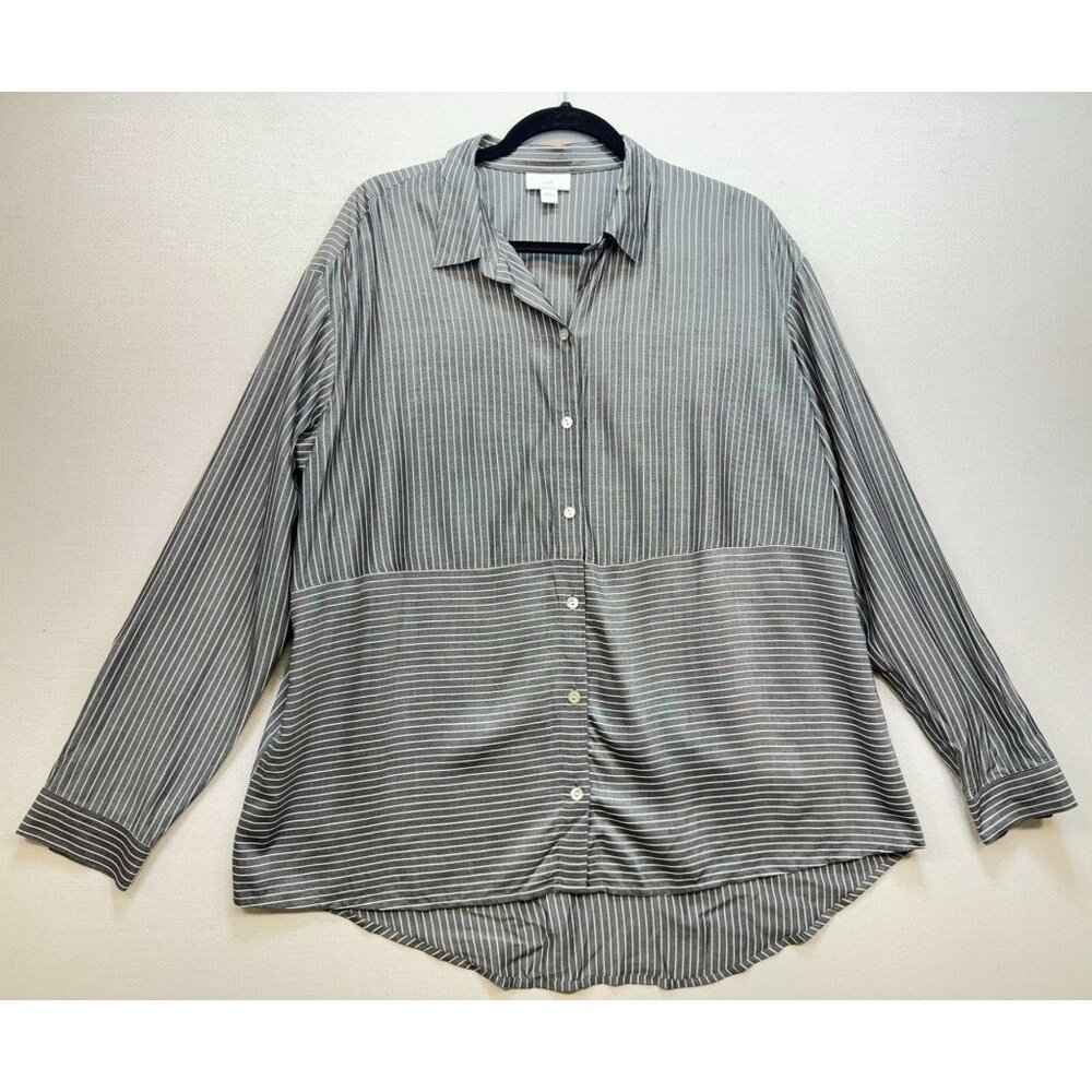 J. Jill Women's Rayon Button Down Shirt Stripe Size L White Gray Long Sleeve